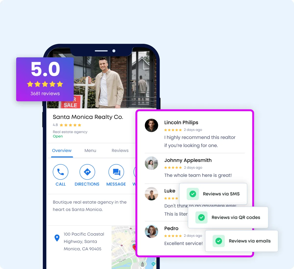Illustrative review request and reply workflow displayed on a phone